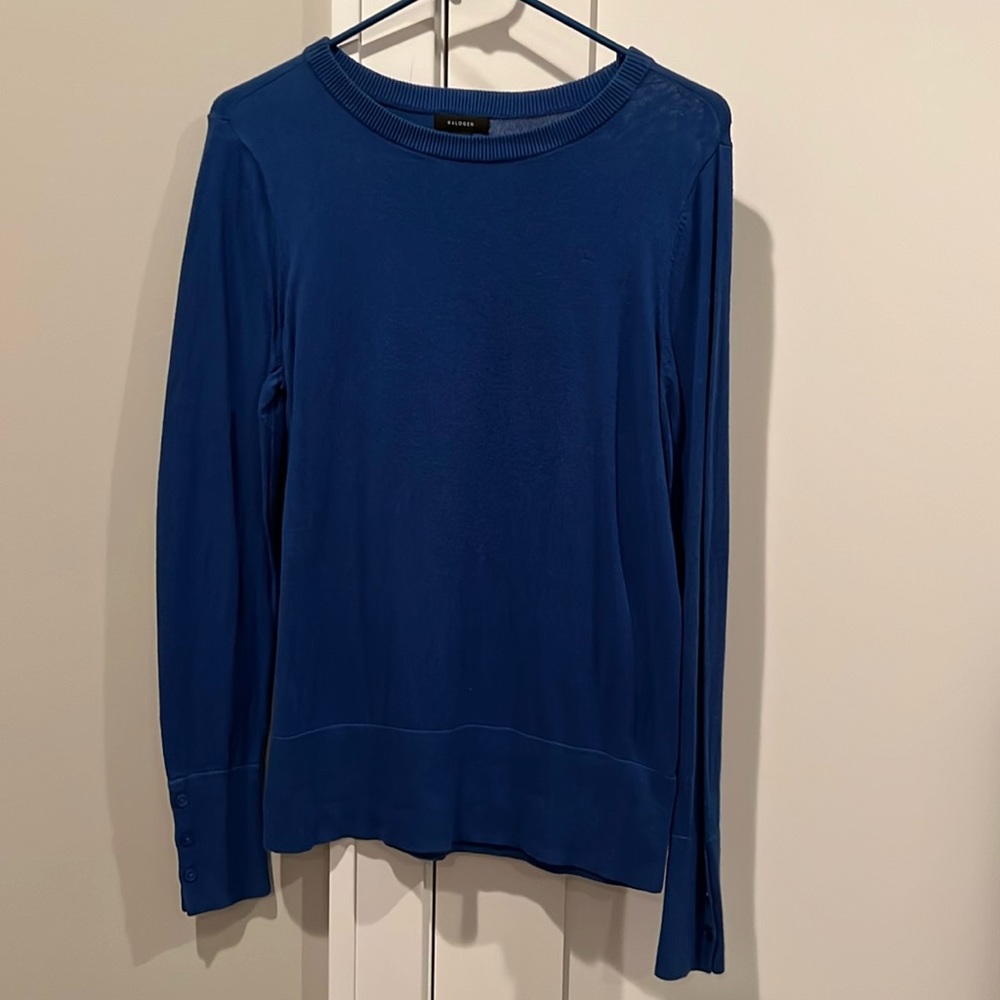 Blue Halogen sweater with button detail on sleeve